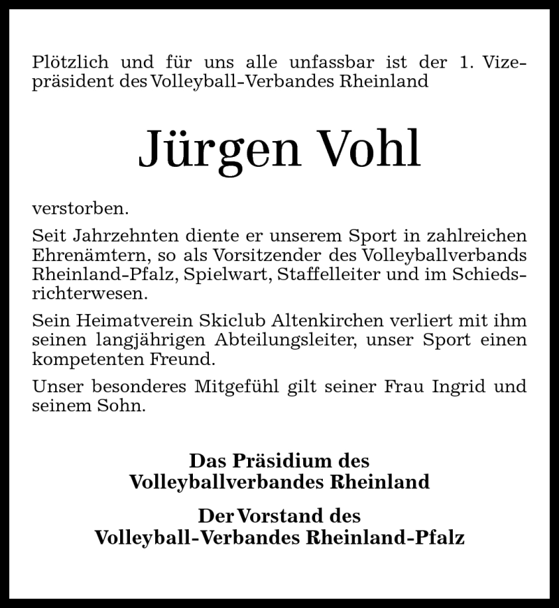  Traueranzeige für Jürgen Vohl vom 13.08.2012 aus Rhein-Zeitung