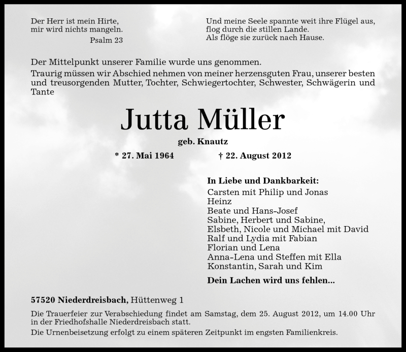  Traueranzeige für Jutta Müller vom 24.08.2012 aus Rhein-Zeitung
