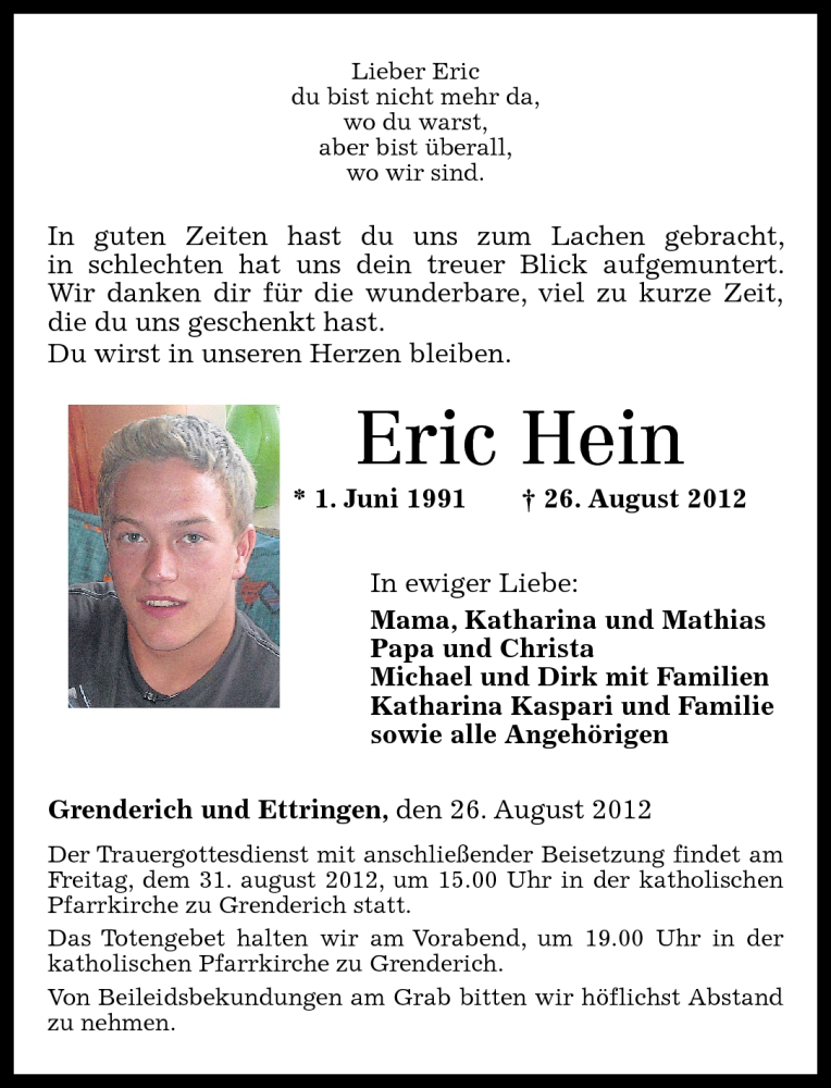  Traueranzeige für Eric Hein vom 29.08.2012 aus Rhein-Zeitung