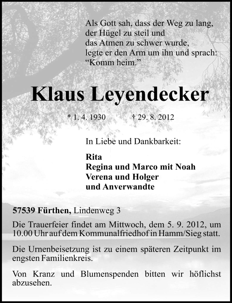  Traueranzeige für Klaus Leyendecker vom 03.09.2012 aus Rhein-Zeitung
