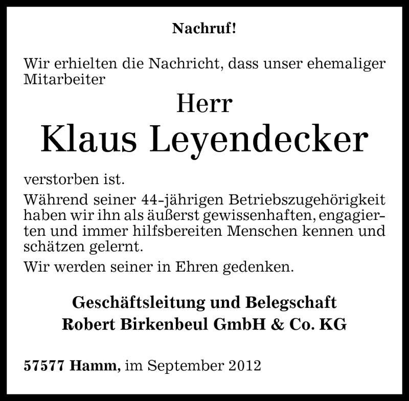  Traueranzeige für Klaus Leyendecker vom 04.09.2012 aus Rhein-Zeitung
