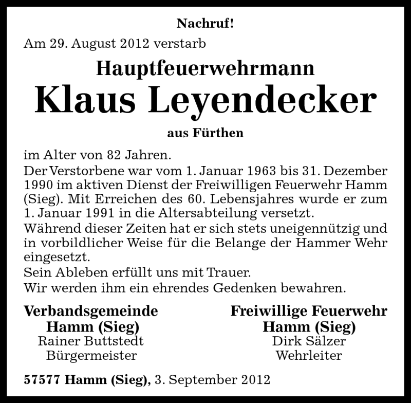  Traueranzeige für Klaus Leyendecker vom 04.09.2012 aus Rhein-Zeitung