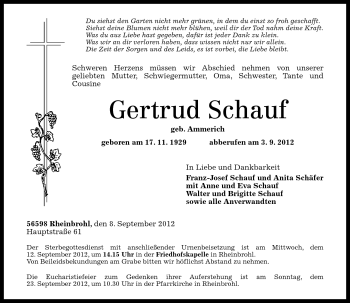 Traueranzeige von Gertrud Schauf von Rhein-Zeitung
