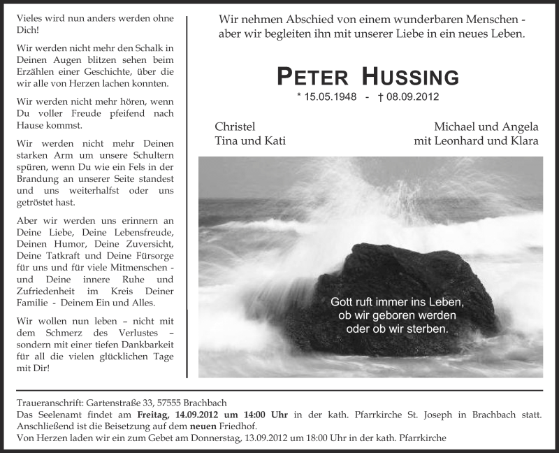  Traueranzeige für Peter Hussing vom 11.09.2012 aus Rhein-Zeitung