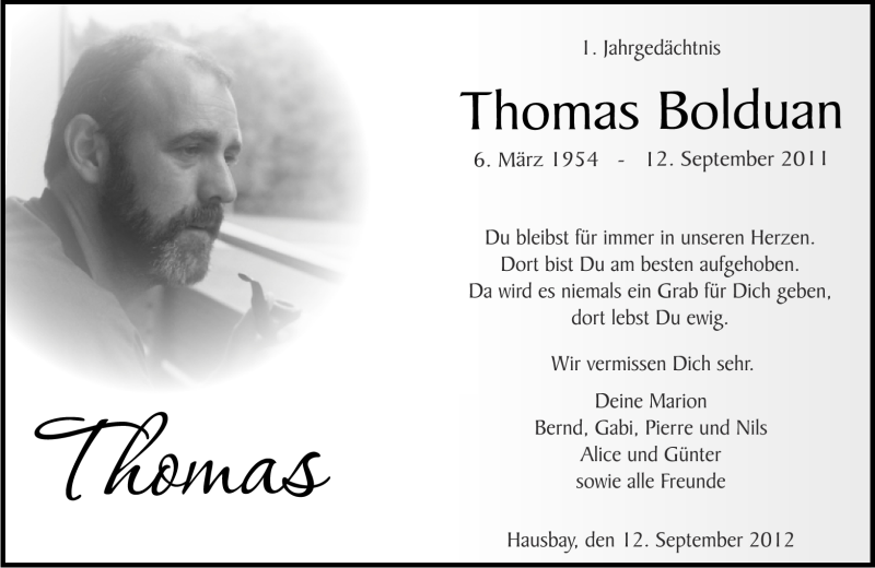  Traueranzeige für Thomas Bolduan vom 12.09.2012 aus Rhein-Hunsrück-Zeitung