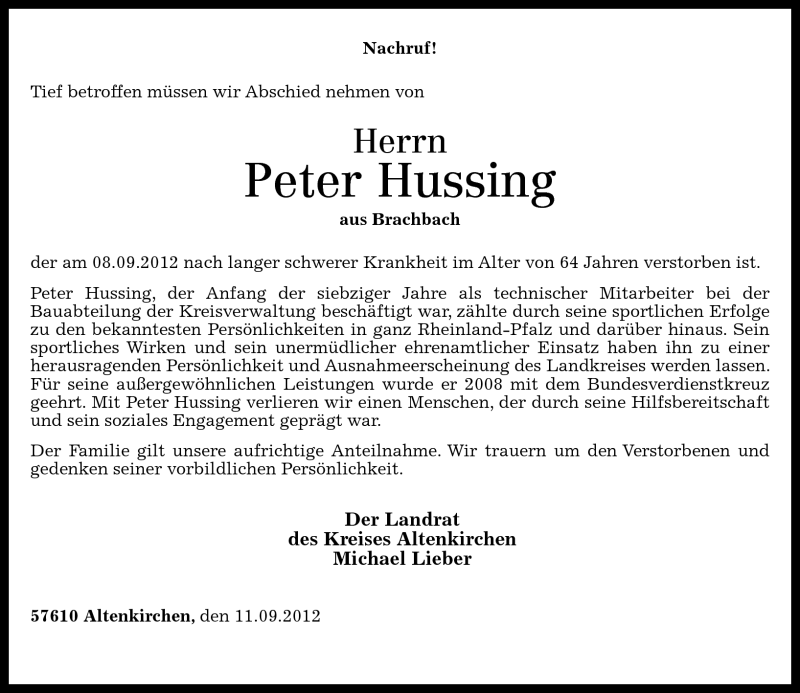  Traueranzeige für Peter Hussing vom 12.09.2012 aus Rhein-Zeitung