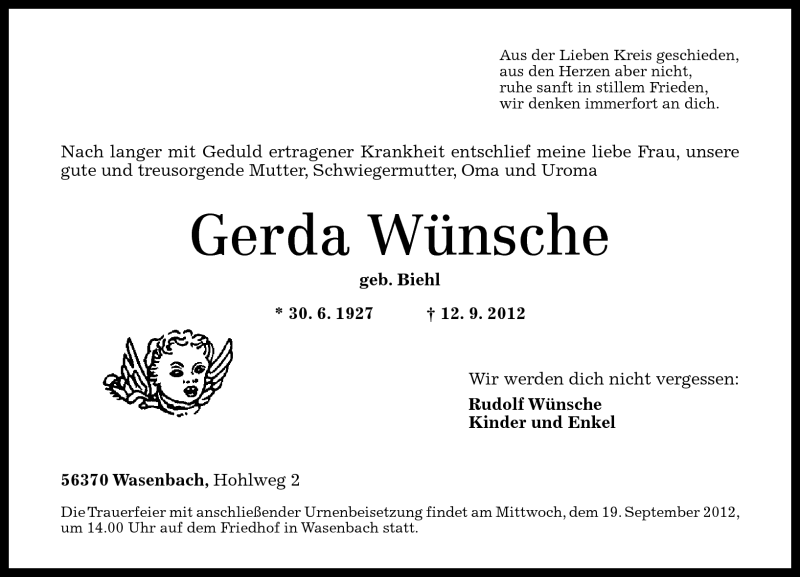 Traueranzeigen Von Gerda Wunsche Rz Trauer De