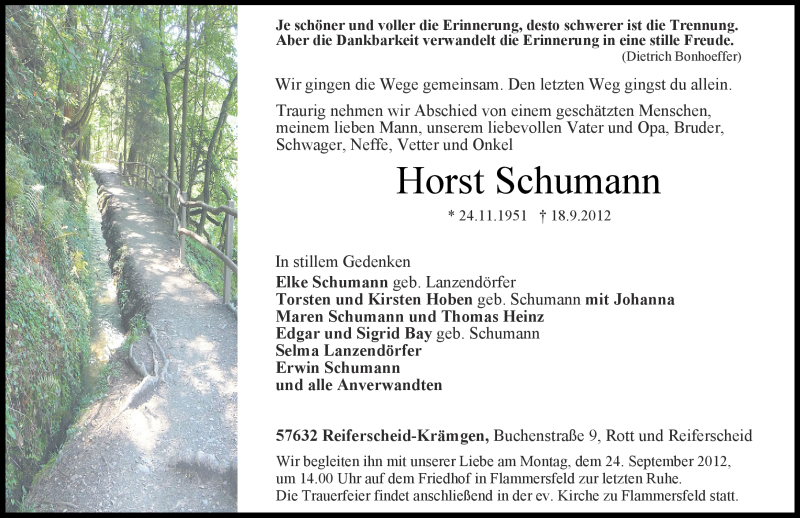  Traueranzeige für Horst Schumann vom 20.09.2012 aus Rhein-Zeitung
