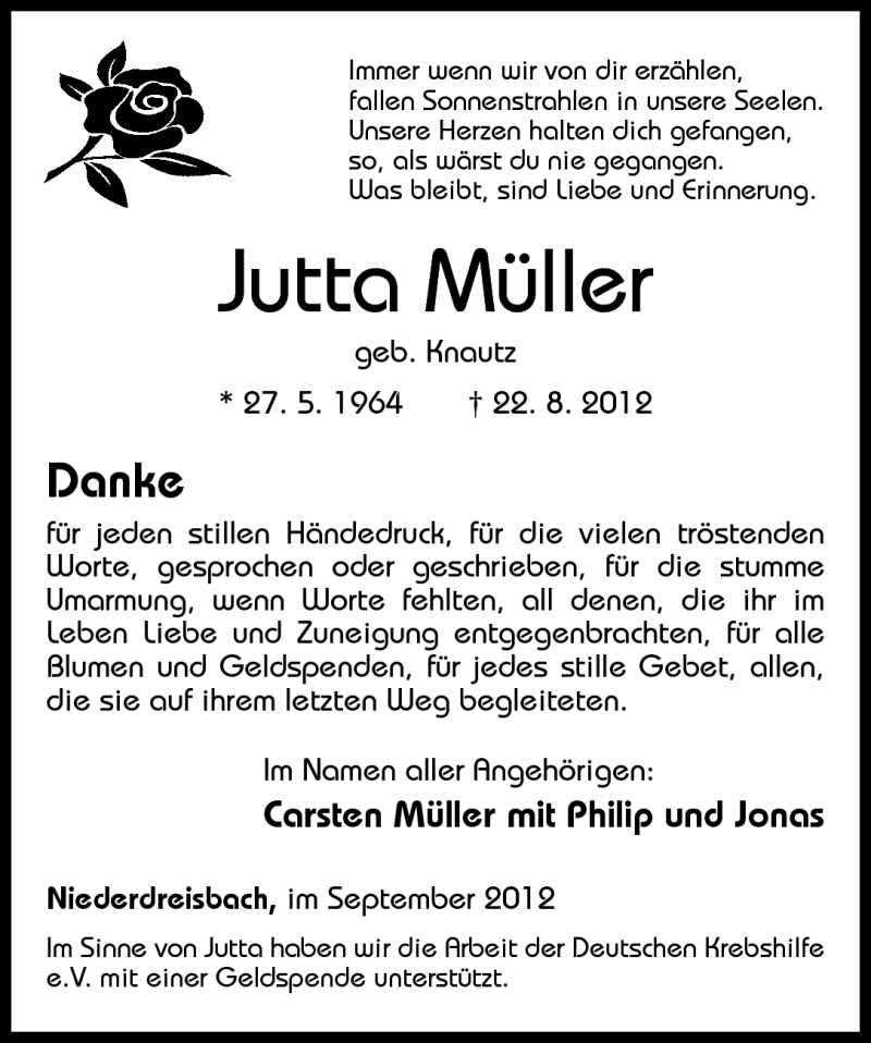  Traueranzeige für Jutta Müller vom 28.09.2012 aus Rhein-Zeitung