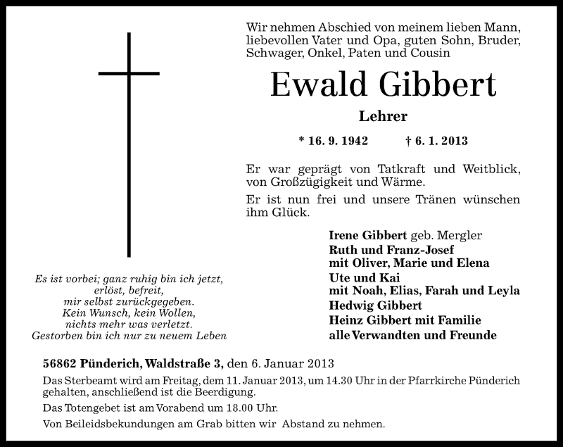 Traueranzeigen von Ewald Gibbert | rz-trauer.de