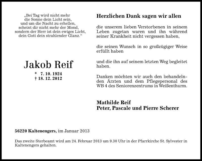  Traueranzeige für Jakob Reif vom 16.01.2013 aus Rhein-Zeitung