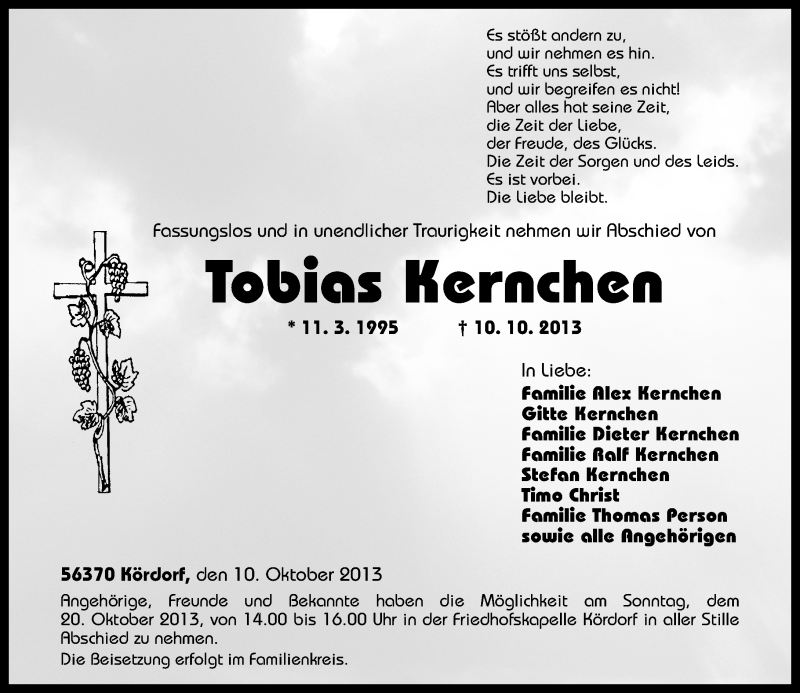  Traueranzeige für Tobias Kernchen vom 17.10.2013 aus Rhein-Lahn-Zeitung