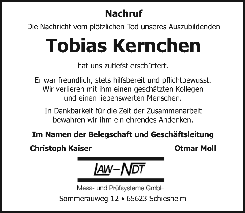  Traueranzeige für Tobias Kernchen vom 18.10.2013 aus Rhein-Lahn-Zeitung