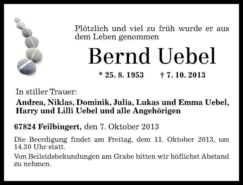  Traueranzeige für Bernd Uebel vom 09.10.2013 aus Oeffentlicher Anzeiger