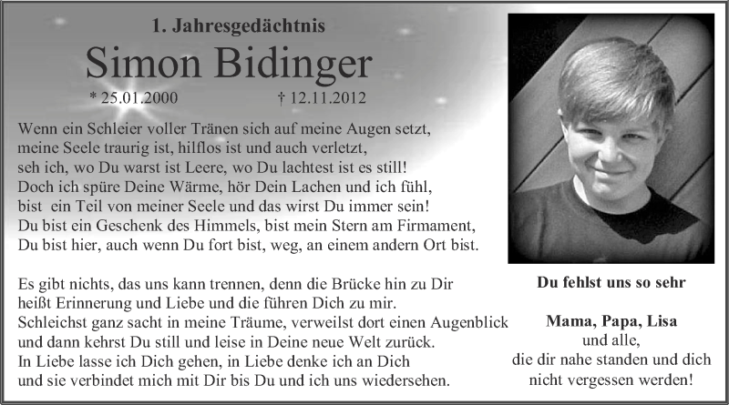  Traueranzeige für Simon Bidinger vom 12.11.2013 aus Nahe-Zeitung