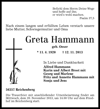 Traueranzeige von Greta Hammann von Rhein-Lahn-Zeitung