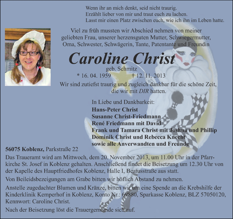  Traueranzeige für Caroline Christ vom 16.11.2013 aus Rhein-Zeitung