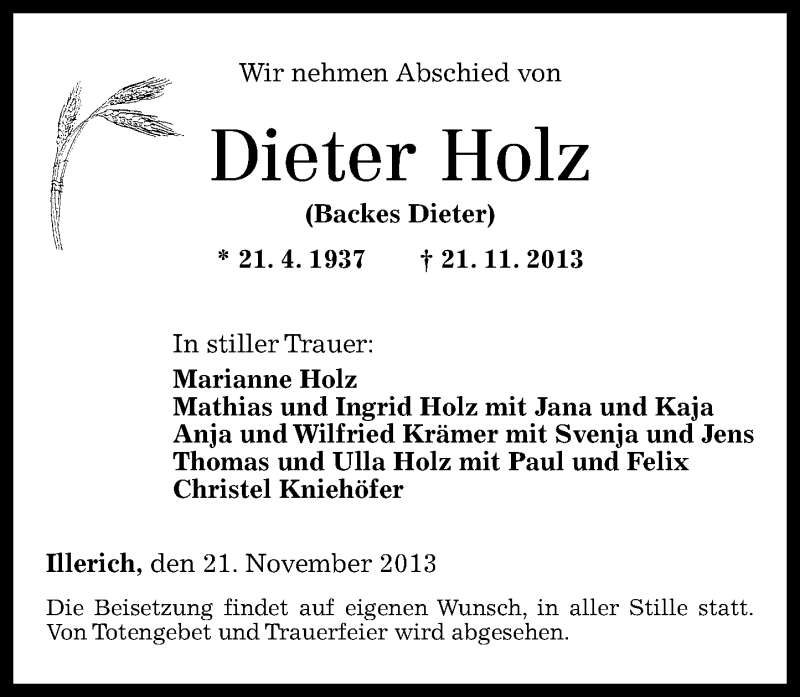  Traueranzeige für Dieter Holz vom 26.11.2013 aus Rhein-Zeitung