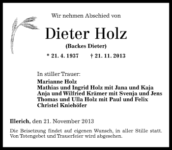 Traueranzeige von Dieter Holz von Rhein-Zeitung