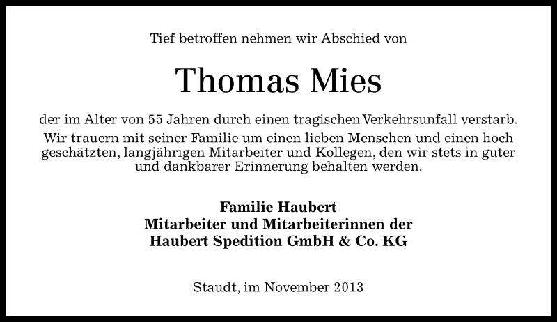 Traueranzeigen von Thomas Mies | rz-trauer.de