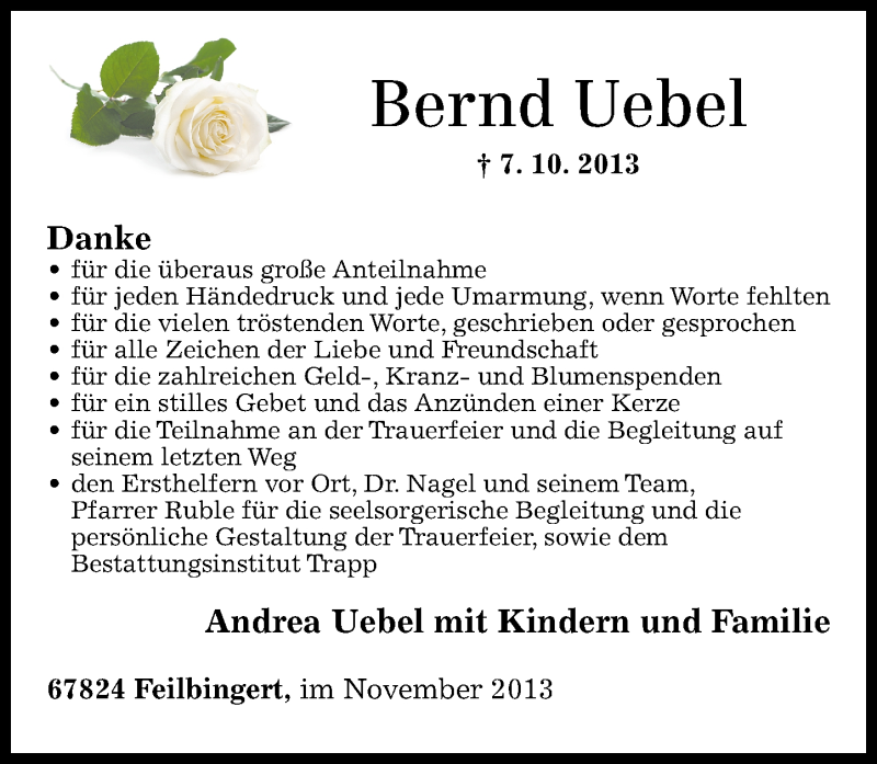  Traueranzeige für Bernd Uebel vom 30.11.2013 aus Oeffentlicher Anzeiger