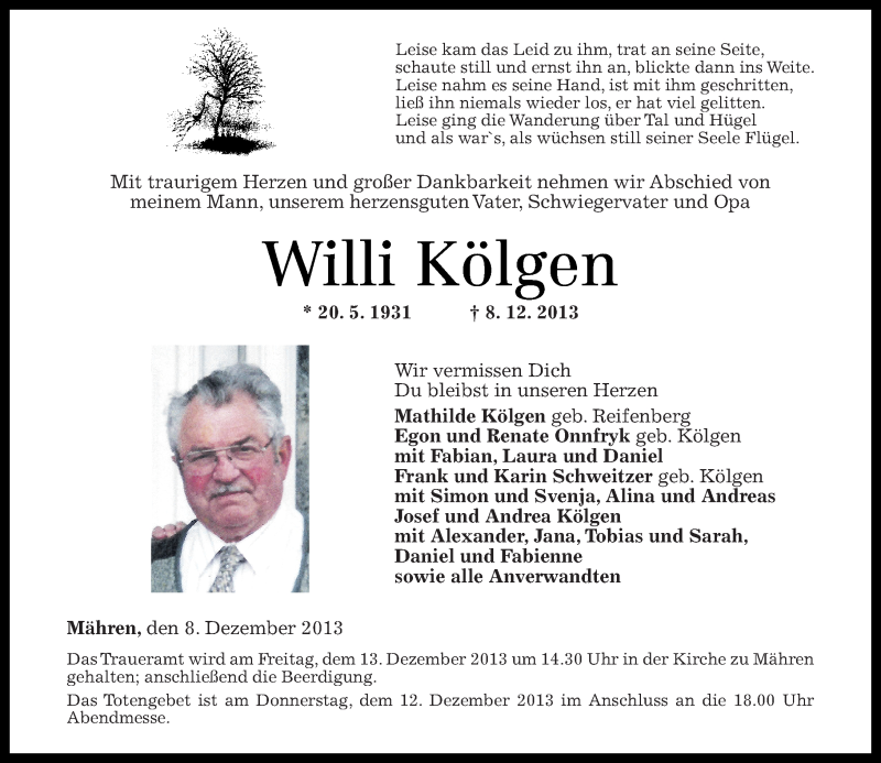  Traueranzeige für Willi Kölgen vom 11.12.2013 aus Rhein-Zeitung