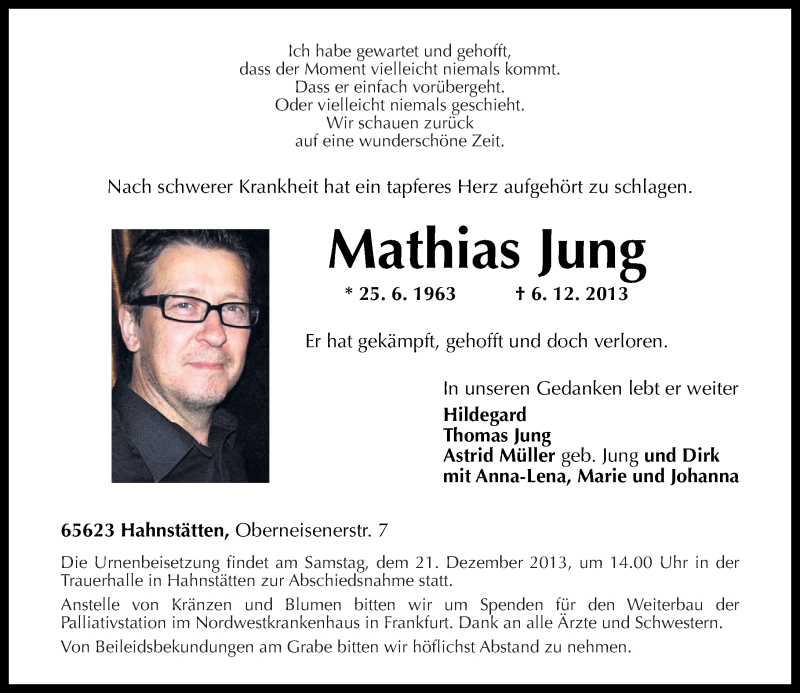  Traueranzeige für Mathias Jung vom 14.12.2013 aus Rhein-Lahn-Zeitung