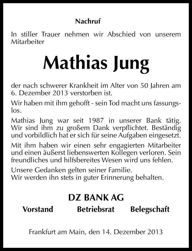  Traueranzeige für Mathias Jung vom 14.12.2013 aus Rhein-Lahn-Zeitung