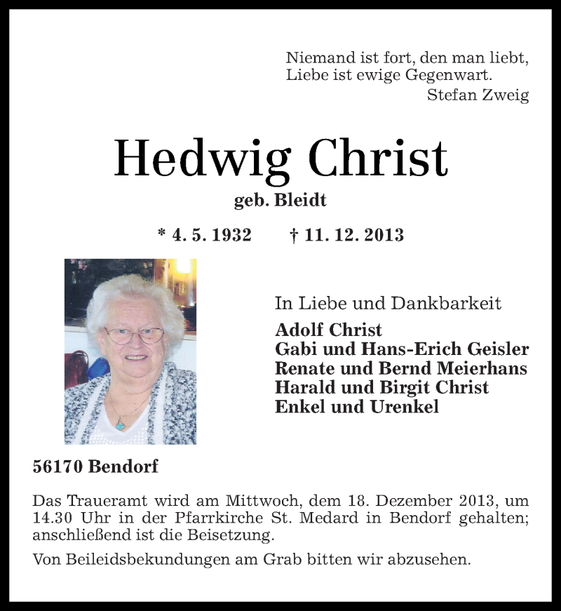  Traueranzeige für Hedwig Christ vom 14.12.2013 aus Rhein-Zeitung