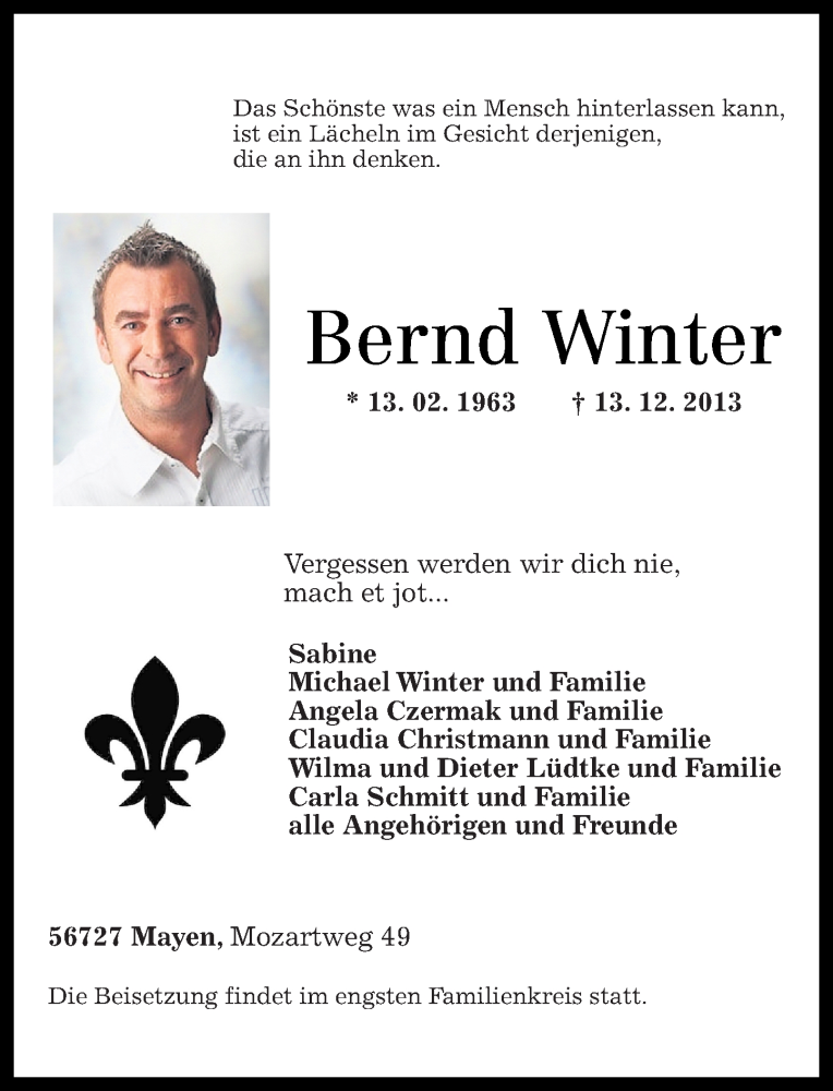  Traueranzeige für Bernd Winter vom 18.12.2013 aus Rhein-Zeitung