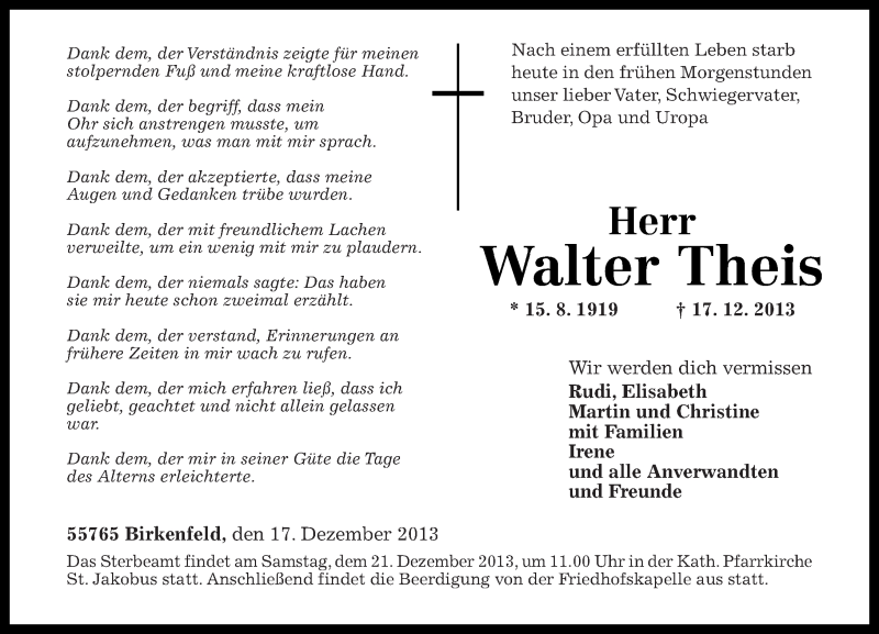  Traueranzeige für Walter Theis vom 18.12.2013 aus Nahe-Zeitung