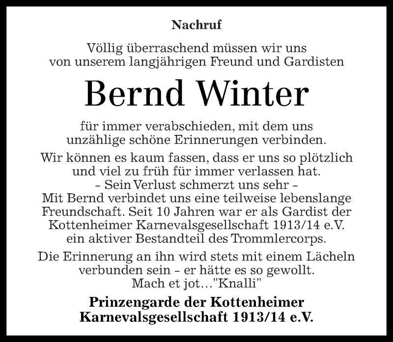  Traueranzeige für Bernd Winter vom 21.12.2013 aus Rhein-Zeitung