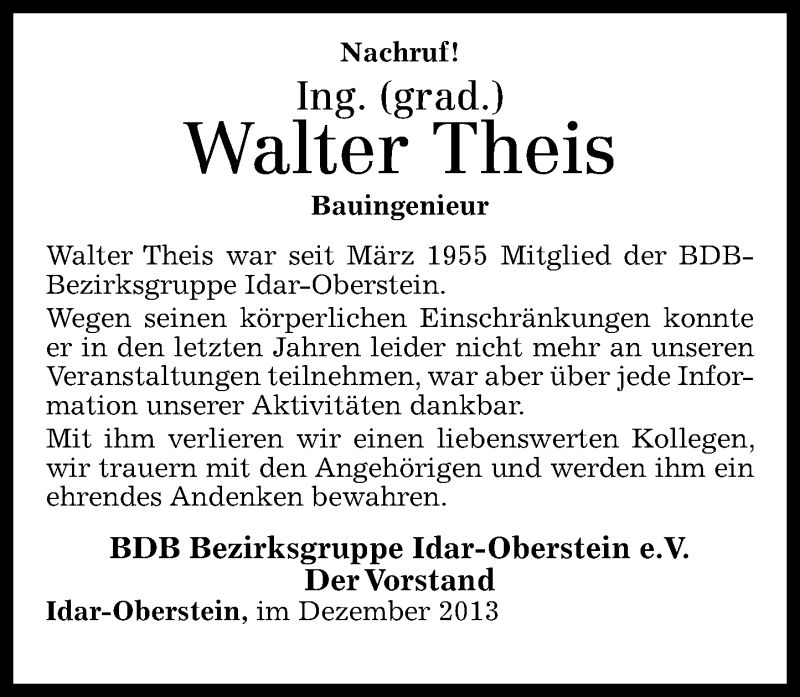  Traueranzeige für Walter Theis vom 24.12.2013 aus RZ Trauer