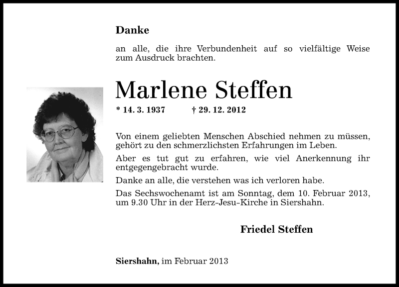 Traueranzeigen von Marlene Steffen | rz-trauer.de