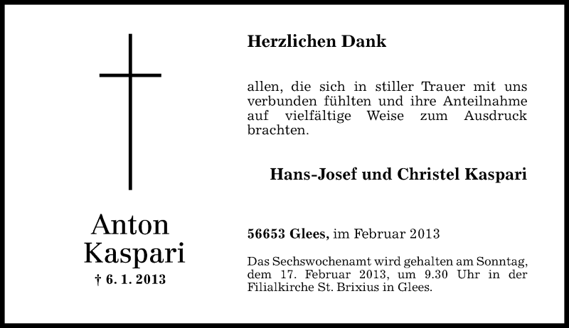 Traueranzeigen von Anton Kaspari rztrauer.de