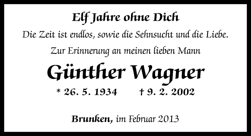  Traueranzeige für Günther Wagner vom 09.02.2013 aus Rhein-Zeitung