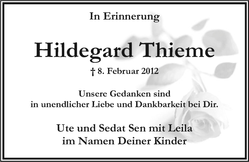  Traueranzeige für Hildegard Thieme vom 08.02.2013 aus Rhein-Zeitung