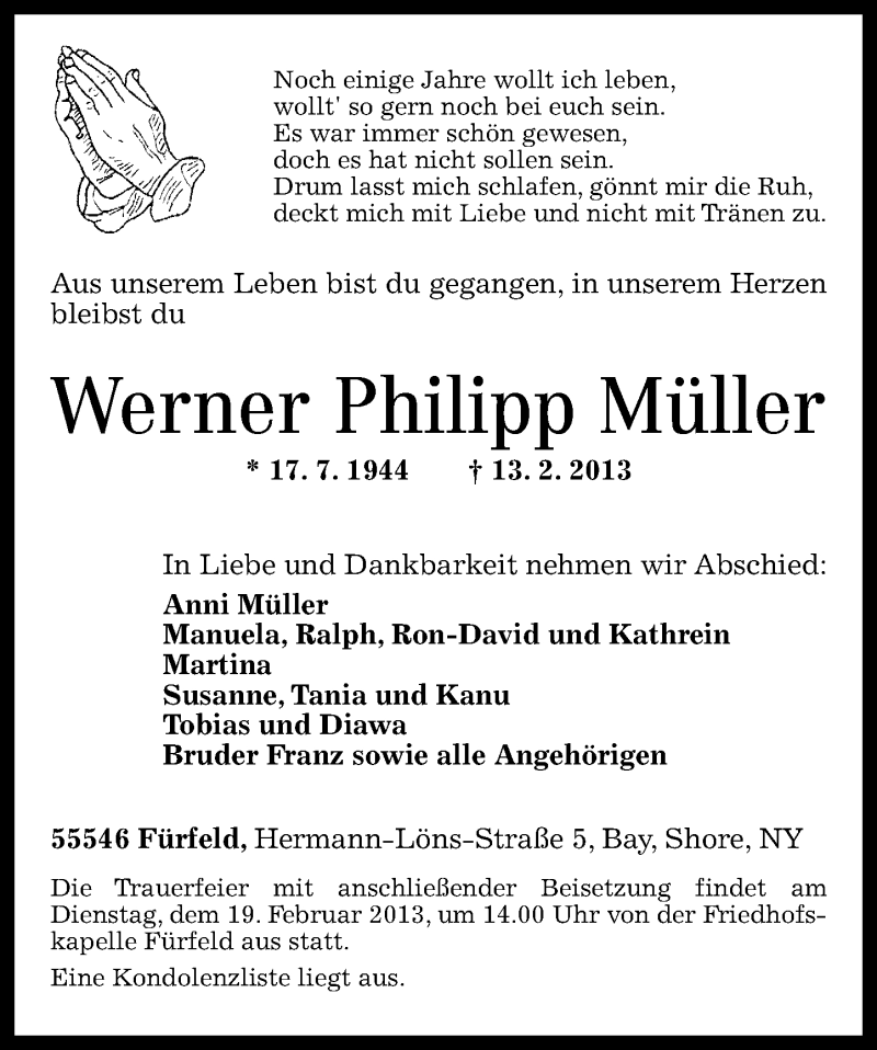  Traueranzeige für Werner Philipp Müller vom 16.02.2013 aus Oeffentlicher Anzeiger