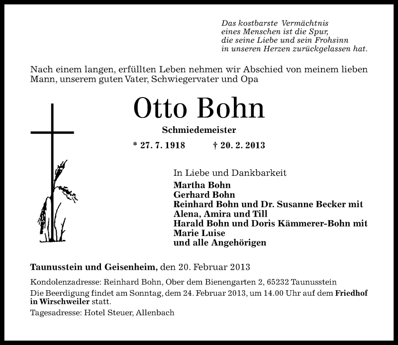  Traueranzeige für Otto Bohn vom 22.02.2013 aus Nahe-Zeitung