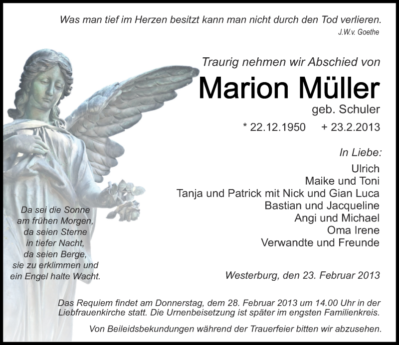 Traueranzeigen Von Marion Muller Rz Trauer De