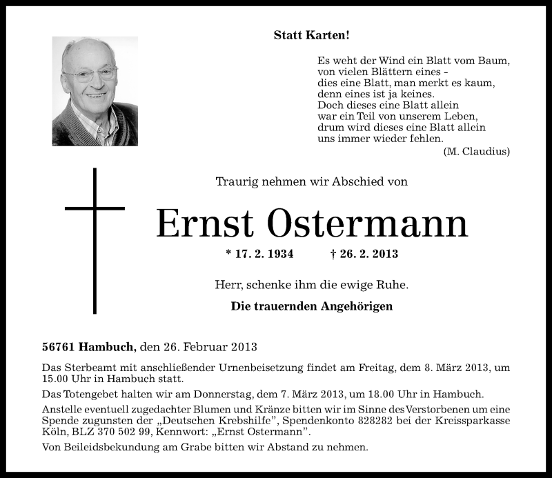 Traueranzeigen Von Ernst Ostermann Rz Trauerde 7645