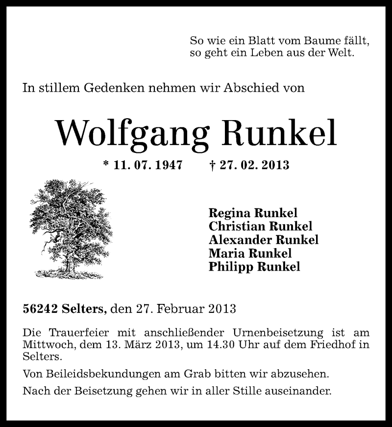  Traueranzeige für Wolfgang Runkel vom 09.03.2013 aus Westerwälder Zeitung