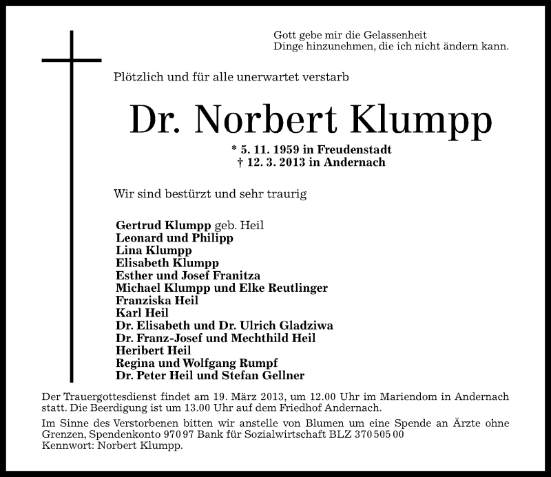  Traueranzeige für Norbert Klumpp vom 16.03.2013 aus Rhein-Zeitung