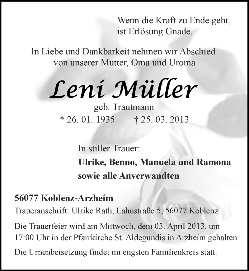  Traueranzeige für Leni Müller vom 30.03.2013 aus Rhein-Zeitung