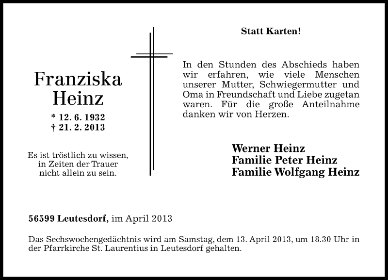 Traueranzeigen von Franziska Heinz | rz-Trauer.de