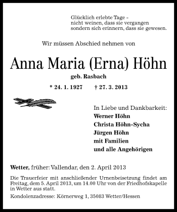 Traueranzeige von Anna Maria Höhn von Rhein-Zeitung