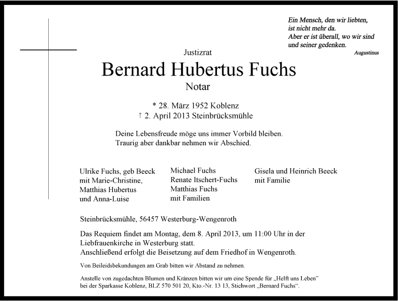 Traueranzeigen von Bernhard Fuchs | rz-trauer.de