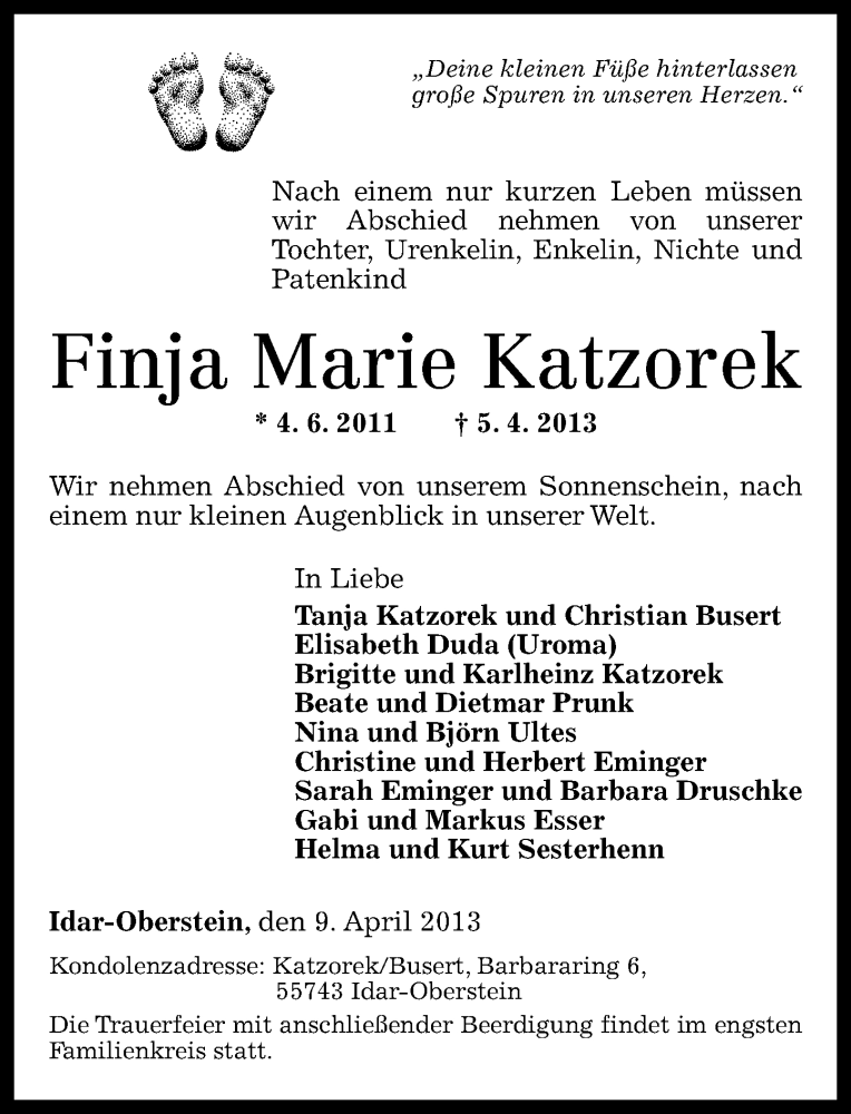  Traueranzeige für Finja Marie Katzorek vom 11.04.2013 aus Nahe-Zeitung