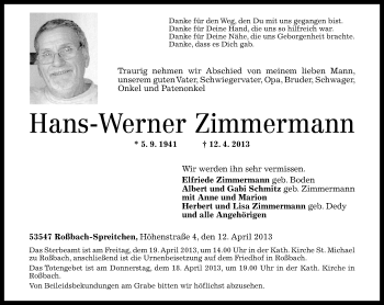 Traueranzeigen von Hans-Werner Zimmermann | rz-trauer.de