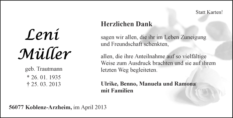  Traueranzeige für Leni Müller vom 27.04.2013 aus Rhein-Zeitung